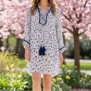 Poupette St. Barth Donna White and Navy Patterned Tassel Tie Dress SIZE SMALL
